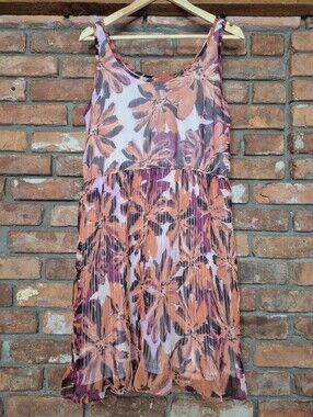 Cream Soda Large Floral Pleated Chiffon Dress Orange Pink Sleeveless